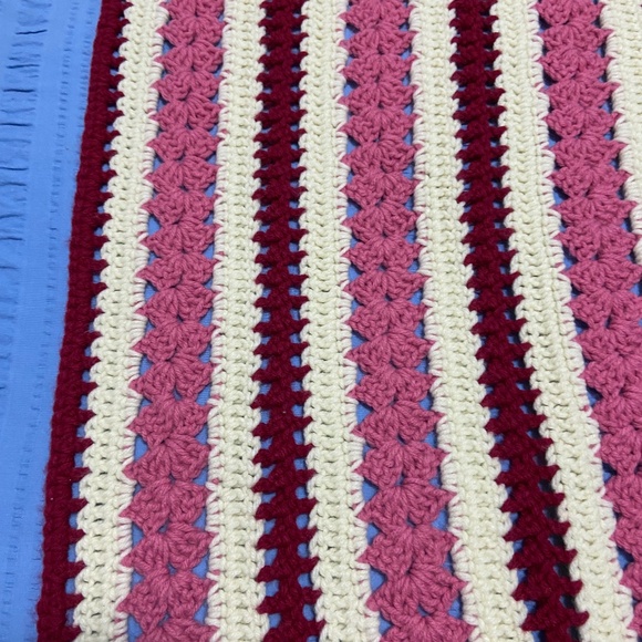 Vintage Handmade Crocheted Afghan Blanket; Rose, Pink, and Cream Stripes; 45x60 - Picture 5 of 10